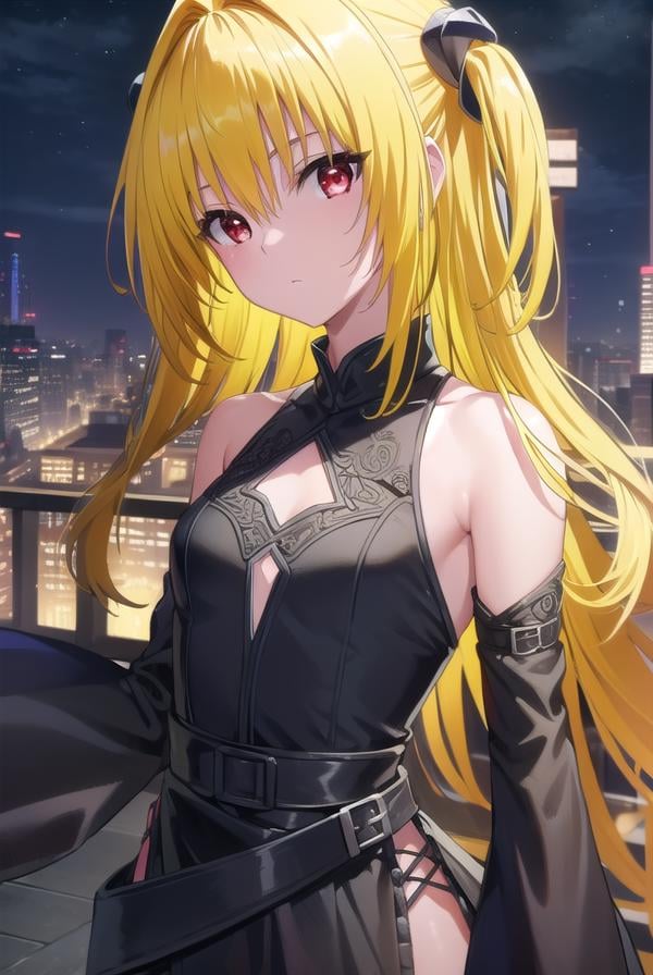 toloveruyami, <lora:yami darkness-lora-nochekaiser:1>, yami, (yellow hair:1.5), long hair, (red eyes:1.5), (hair ornament:1.2), two side up, (small chest:1.2), BREAK sleeveless, detached sleeves, dress, black dress, black skirt, clothing cutout, cleavage cutout,BREAK outdoors, night, sky, star \(sky\), moon,BREAK looking at viewer, (cowboy shot:1.5),BREAK <lyco:GoodHands-beta2:1>, (masterpiece:1.2), best quality, high resolution, unity 8k wallpaper, (illustration:0.8), (beautiful detailed eyes:1.6), extremely detailed face, perfect lighting, extremely detailed CG, (perfect hands, perfect anatomy),