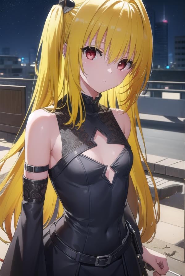 toloveruyami, <lora:yami darkness-lora-nochekaiser:1>, yami, (yellow hair:1.5), long hair, (red eyes:1.5), (hair ornament:1.2), two side up, (small chest:1.2), BREAK sleeveless, detached sleeves, dress, black dress, black skirt, clothing cutout, cleavage cutout,BREAK outdoors, night, sky, star \(sky\), moon,BREAK looking at viewer, (cowboy shot:1.5),BREAK <lyco:GoodHands-beta2:1>, (masterpiece:1.2), best quality, high resolution, unity 8k wallpaper, (illustration:0.8), (beautiful detailed eyes:1.6), extremely detailed face, perfect lighting, extremely detailed CG, (perfect hands, perfect anatomy),