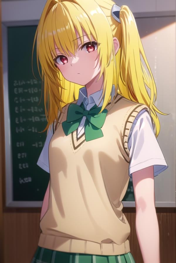 toloveruyami, <lora:yami darkness-lora-nochekaiser:1>, yami, (yellow hair:1.5), long hair, (red eyes:1.5), (hair ornament:1.2), two side up, (small chest:1.2), BREAK school uniform, shirt, white shirt, bow, (green bow:1.5), skirt, (green skirt:1.2), pleated skirt, short skirt, sweater, (light brown sweater vest:1.5), short sleeves,BREAK indoors, classroom,BREAK looking at viewer, (cowboy shot:1.5),BREAK <lyco:GoodHands-beta2:1>, (masterpiece:1.2), best quality, high resolution, unity 8k wallpaper, (illustration:0.8), (beautiful detailed eyes:1.6), extremely detailed face, perfect lighting, extremely detailed CG, (perfect hands, perfect anatomy),