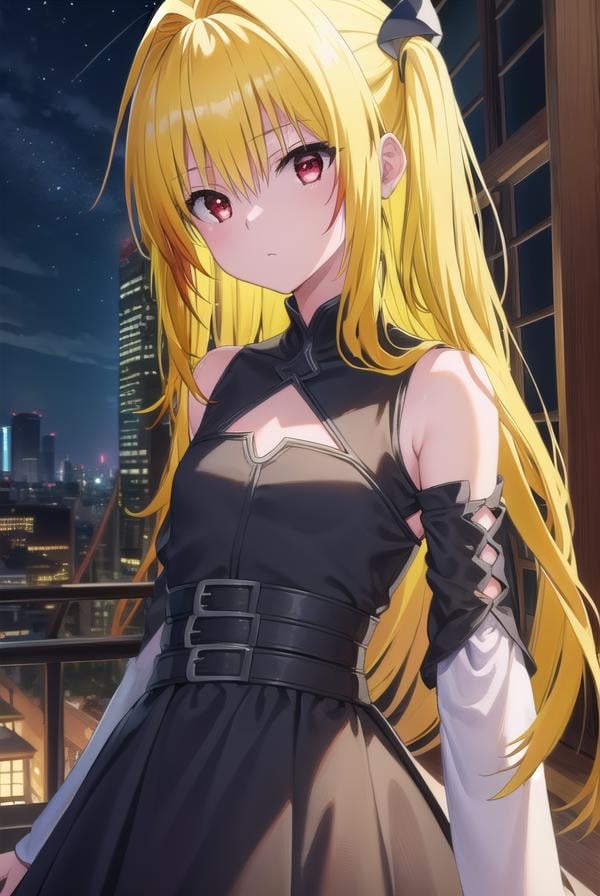 toloveruyami, <lora:yami darkness-lora-nochekaiser:1>, yami, (yellow hair:1.5), long hair, (red eyes:1.5), (hair ornament:1.2), two side up, (small chest:1.2), BREAK sleeveless, detached sleeves, dress, black dress, black skirt, clothing cutout, cleavage cutout,BREAK outdoors, night, sky, star \(sky\), moon,BREAK looking at viewer, (cowboy shot:1.5),BREAK <lyco:GoodHands-beta2:1>, (masterpiece:1.2), best quality, high resolution, unity 8k wallpaper, (illustration:0.8), (beautiful detailed eyes:1.6), extremely detailed face, perfect lighting, extremely detailed CG, (perfect hands, perfect anatomy),