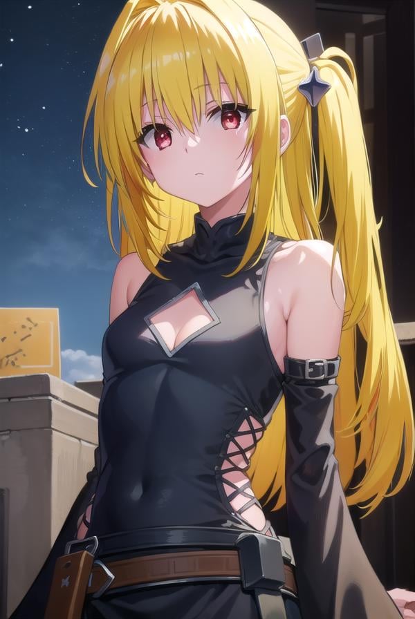 toloveruyami, <lora:yami darkness-lora-nochekaiser:1>, yami, (yellow hair:1.5), long hair, (red eyes:1.5), (hair ornament:1.2), two side up, (small chest:1.2), BREAK sleeveless, detached sleeves, dress, black dress, black skirt, clothing cutout, cleavage cutout,BREAK outdoors, night, sky, star \(sky\), moon,BREAK looking at viewer, (cowboy shot:1.5),BREAK <lyco:GoodHands-beta2:1>, (masterpiece:1.2), best quality, high resolution, unity 8k wallpaper, (illustration:0.8), (beautiful detailed eyes:1.6), extremely detailed face, perfect lighting, extremely detailed CG, (perfect hands, perfect anatomy),