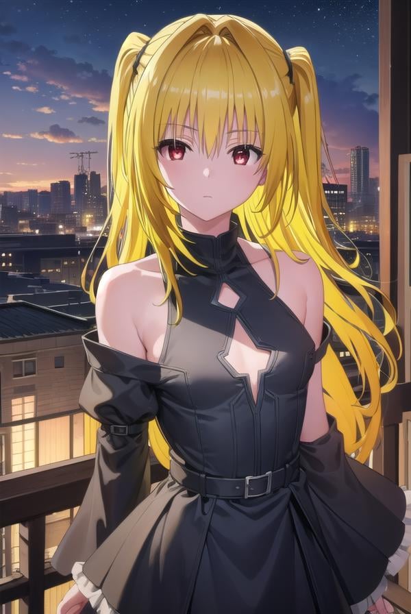 toloveruyami, <lora:yami darkness-lora-nochekaiser:1>, yami, (yellow hair:1.5), long hair, (red eyes:1.5), (hair ornament:1.2), two side up, (small chest:1.2), BREAK sleeveless, detached sleeves, dress, black dress, black skirt, clothing cutout, cleavage cutout,BREAK outdoors, night, sky, star \(sky\), moon,BREAK looking at viewer, (cowboy shot:1.5),BREAK <lyco:GoodHands-beta2:1>, (masterpiece:1.2), best quality, high resolution, unity 8k wallpaper, (illustration:0.8), (beautiful detailed eyes:1.6), extremely detailed face, perfect lighting, extremely detailed CG, (perfect hands, perfect anatomy),