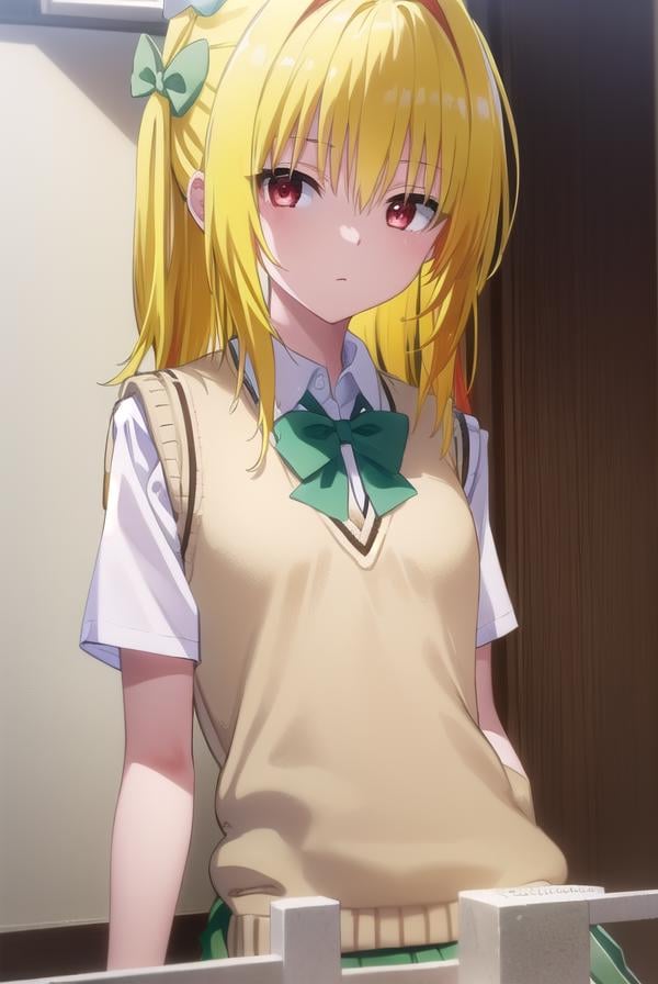 toloveruyami, <lora:yami darkness-lora-nochekaiser:1>, yami, (yellow hair:1.5), long hair, (red eyes:1.5), (hair ornament:1.2), two side up, (small chest:1.2), BREAK school uniform, shirt, white shirt, bow, (green bow:1.5), skirt, (green skirt:1.2), pleated skirt, short skirt, sweater, (light brown sweater vest:1.5), short sleeves,BREAK indoors, classroom,BREAK looking at viewer, (cowboy shot:1.5),BREAK <lyco:GoodHands-beta2:1>, (masterpiece:1.2), best quality, high resolution, unity 8k wallpaper, (illustration:0.8), (beautiful detailed eyes:1.6), extremely detailed face, perfect lighting, extremely detailed CG, (perfect hands, perfect anatomy),