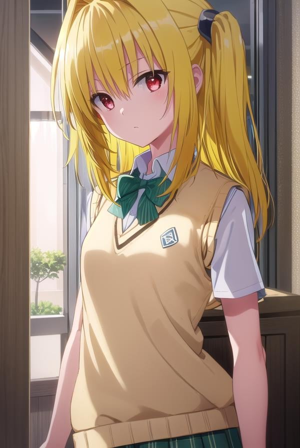 toloveruyami, <lora:yami darkness-lora-nochekaiser:1>, yami, (yellow hair:1.5), long hair, (red eyes:1.5), (hair ornament:1.2), two side up, (small chest:1.2), BREAK school uniform, shirt, white shirt, bow, (green bow:1.5), skirt, (green skirt:1.2), pleated skirt, short skirt, sweater, (light brown sweater vest:1.5), short sleeves,BREAK indoors, classroom,BREAK looking at viewer, (cowboy shot:1.5),BREAK <lyco:GoodHands-beta2:1>, (masterpiece:1.2), best quality, high resolution, unity 8k wallpaper, (illustration:0.8), (beautiful detailed eyes:1.6), extremely detailed face, perfect lighting, extremely detailed CG, (perfect hands, perfect anatomy),