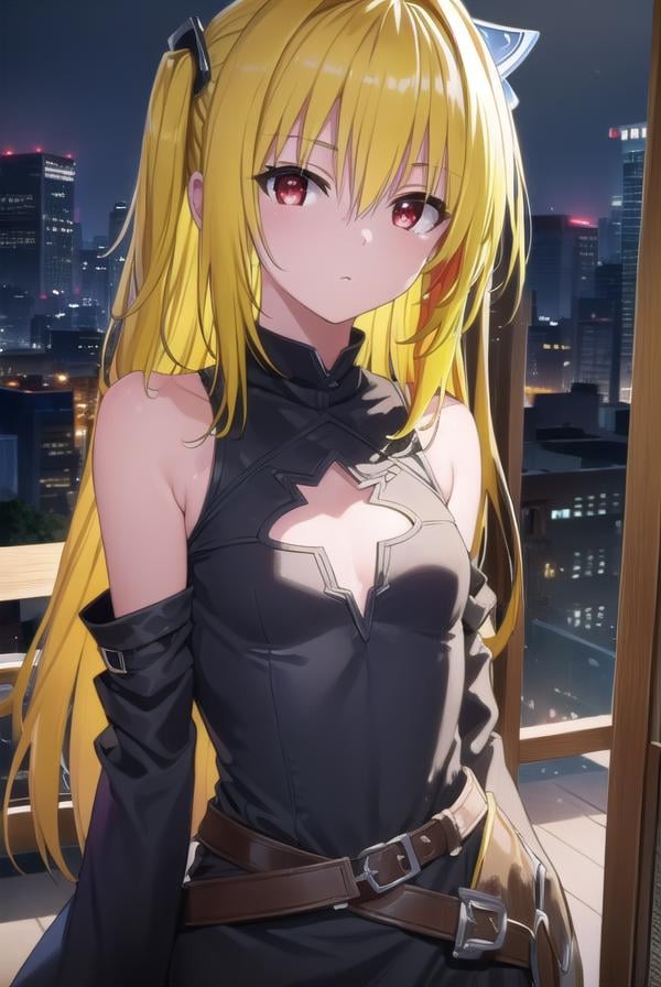 toloveruyami, <lora:yami darkness-lora-nochekaiser:1>, yami, (yellow hair:1.5), long hair, (red eyes:1.5), (hair ornament:1.2), two side up, (small chest:1.2), BREAK sleeveless, detached sleeves, dress, black dress, black skirt, clothing cutout, cleavage cutout,BREAK outdoors, night, sky, star \(sky\), moon,BREAK looking at viewer, (cowboy shot:1.5),BREAK <lyco:GoodHands-beta2:1>, (masterpiece:1.2), best quality, high resolution, unity 8k wallpaper, (illustration:0.8), (beautiful detailed eyes:1.6), extremely detailed face, perfect lighting, extremely detailed CG, (perfect hands, perfect anatomy),