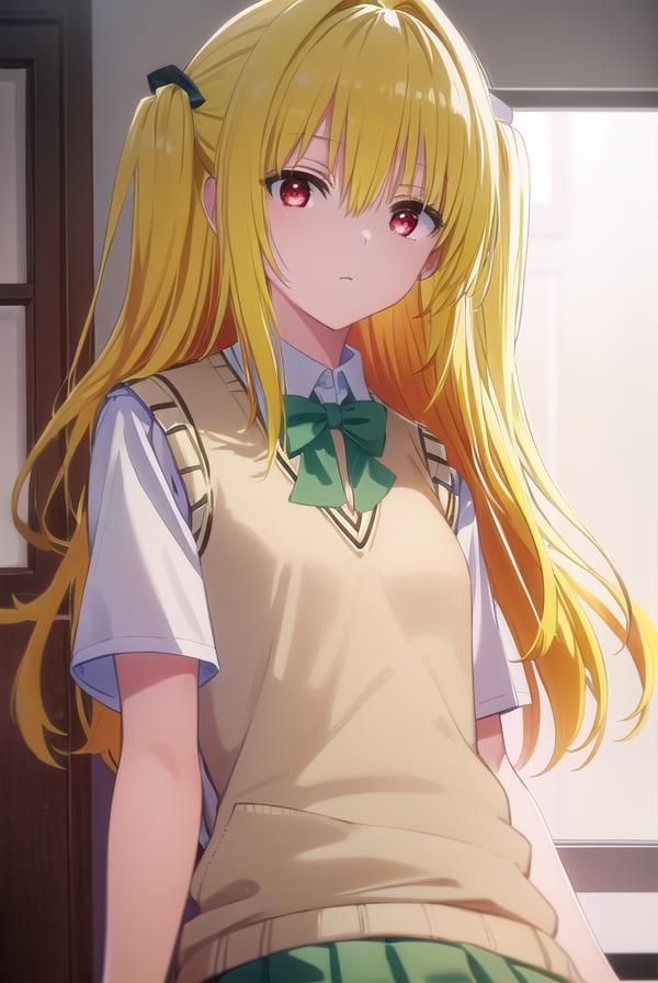 toloveruyami, <lora:yami darkness-lora-nochekaiser:1>, yami, (yellow hair:1.5), long hair, (red eyes:1.5), (hair ornament:1.2), two side up, (small chest:1.2), BREAK school uniform, shirt, white shirt, bow, (green bow:1.5), skirt, (green skirt:1.2), pleated skirt, short skirt, sweater, (light brown sweater vest:1.5), short sleeves,BREAK indoors, classroom,BREAK looking at viewer, (cowboy shot:1.5),BREAK <lyco:GoodHands-beta2:1>, (masterpiece:1.2), best quality, high resolution, unity 8k wallpaper, (illustration:0.8), (beautiful detailed eyes:1.6), extremely detailed face, perfect lighting, extremely detailed CG, (perfect hands, perfect anatomy),