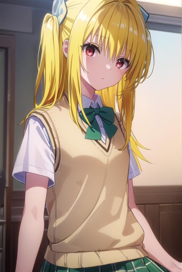 toloveruyami, <lora:yami darkness-lora-nochekaiser:1>, yami, (yellow hair:1.5), long hair, (red eyes:1.5), (hair ornament:1.2), two side up, (small chest:1.2), BREAK school uniform, shirt, white shirt, bow, (green bow:1.5), skirt, (green skirt:1.2), pleated skirt, short skirt, sweater, (light brown sweater vest:1.5), short sleeves,BREAK indoors, classroom,BREAK looking at viewer, (cowboy shot:1.5),BREAK <lyco:GoodHands-beta2:1>, (masterpiece:1.2), best quality, high resolution, unity 8k wallpaper, (illustration:0.8), (beautiful detailed eyes:1.6), extremely detailed face, perfect lighting, extremely detailed CG, (perfect hands, perfect anatomy),