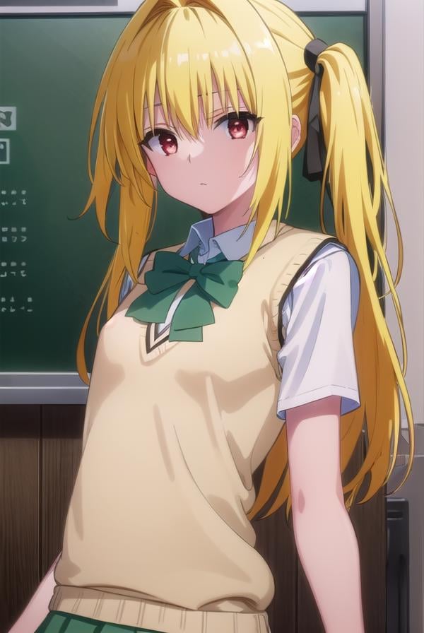 toloveruyami, <lora:yami darkness-lora-nochekaiser:1>, yami, (yellow hair:1.5), long hair, (red eyes:1.5), (hair ornament:1.2), two side up, (small chest:1.2), BREAK school uniform, shirt, white shirt, bow, (green bow:1.5), skirt, (green skirt:1.2), pleated skirt, short skirt, sweater, (light brown sweater vest:1.5), short sleeves,BREAK indoors, classroom,BREAK looking at viewer, (cowboy shot:1.5),BREAK <lyco:GoodHands-beta2:1>, (masterpiece:1.2), best quality, high resolution, unity 8k wallpaper, (illustration:0.8), (beautiful detailed eyes:1.6), extremely detailed face, perfect lighting, extremely detailed CG, (perfect hands, perfect anatomy),