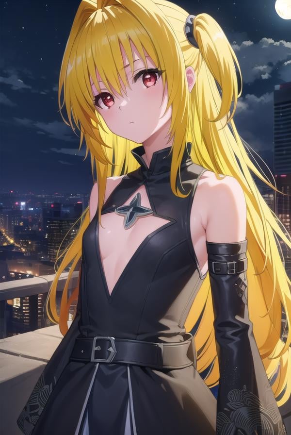 toloveruyami, <lora:yami darkness-lora-nochekaiser:1>, yami, (yellow hair:1.5), long hair, (red eyes:1.5), (hair ornament:1.2), two side up, (small chest:1.2), BREAK sleeveless, detached sleeves, dress, black dress, black skirt, clothing cutout, cleavage cutout,BREAK outdoors, night, sky, star \(sky\), moon,BREAK looking at viewer, (cowboy shot:1.5),BREAK <lyco:GoodHands-beta2:1>, (masterpiece:1.2), best quality, high resolution, unity 8k wallpaper, (illustration:0.8), (beautiful detailed eyes:1.6), extremely detailed face, perfect lighting, extremely detailed CG, (perfect hands, perfect anatomy),