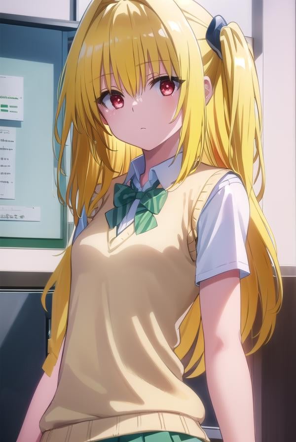 toloveruyami, <lora:yami darkness-lora-nochekaiser:1>, yami, (yellow hair:1.5), long hair, (red eyes:1.5), (hair ornament:1.2), two side up, (small chest:1.2), BREAK school uniform, shirt, white shirt, bow, (green bow:1.5), skirt, (green skirt:1.2), pleated skirt, short skirt, sweater, (light brown sweater vest:1.5), short sleeves,BREAK indoors, classroom,BREAK looking at viewer, (cowboy shot:1.5),BREAK <lyco:GoodHands-beta2:1>, (masterpiece:1.2), best quality, high resolution, unity 8k wallpaper, (illustration:0.8), (beautiful detailed eyes:1.6), extremely detailed face, perfect lighting, extremely detailed CG, (perfect hands, perfect anatomy),