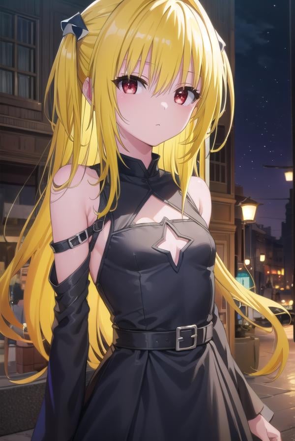 toloveruyami, <lora:yami darkness-lora-nochekaiser:1>, yami, (yellow hair:1.5), long hair, (red eyes:1.5), (hair ornament:1.2), two side up, (small chest:1.2), BREAK sleeveless, detached sleeves, dress, black dress, black skirt, clothing cutout, cleavage cutout,BREAK outdoors, night, sky, star \(sky\), moon,BREAK looking at viewer, (cowboy shot:1.5),BREAK <lyco:GoodHands-beta2:1>, (masterpiece:1.2), best quality, high resolution, unity 8k wallpaper, (illustration:0.8), (beautiful detailed eyes:1.6), extremely detailed face, perfect lighting, extremely detailed CG, (perfect hands, perfect anatomy),