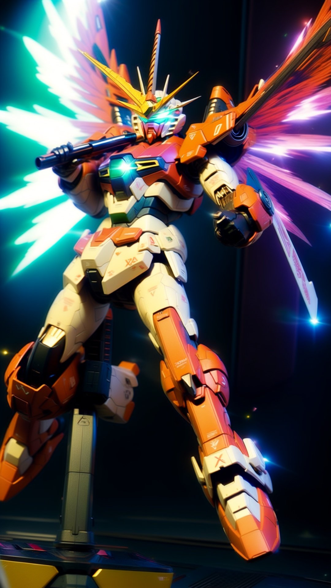   ((MG RX-0 FULL ARMOR UNICORN ver Kaver Ka)), solo, holding, green_eyes, weapon, wings, holding_weapon, gun, no_humans, glowing, robot, holding_gun, mecha, glowing_eyes, flying, science_fiction, mechanical_wings, v-fin, energy_gun, beam_rifle,
cinematic lighting,strong contrast,high level of detail,Best quality,masterpiece,. Extremely high-resolution details,photographic,realism pushed to extreme,fine texture,incredibly lifelike,Gundam,SRS,Robotanimestyle,ROBORT,RRS,Super perspective