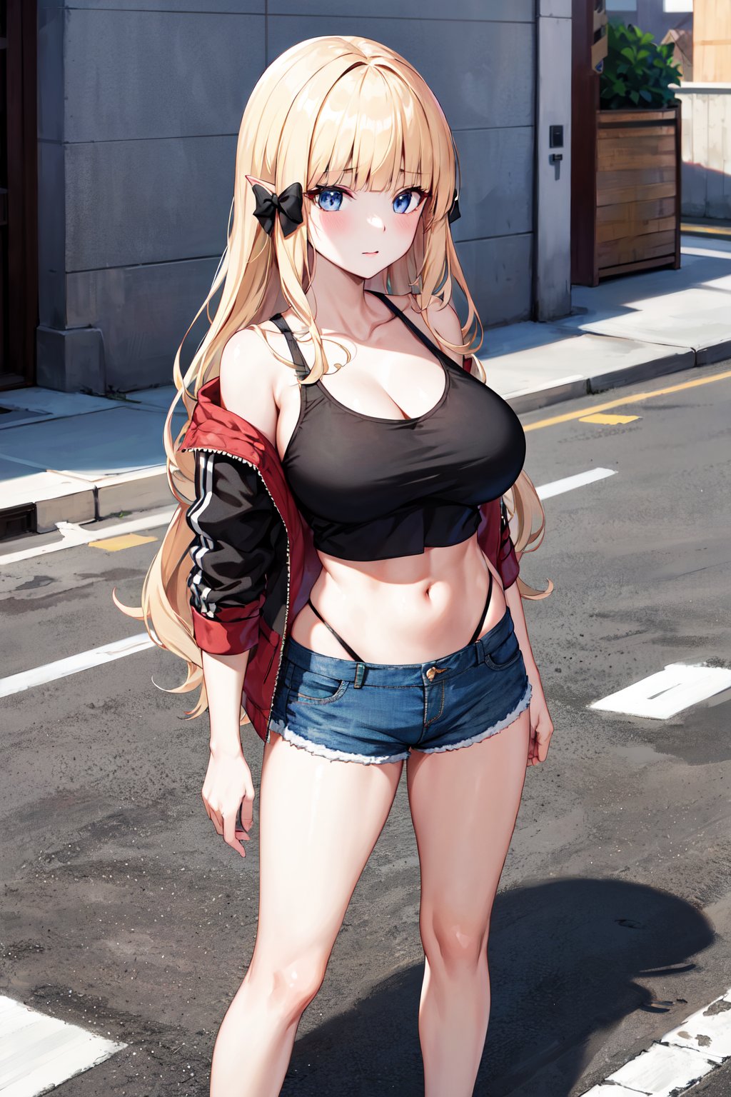 masterpiece, best quality, highres, aasaren, long hair, blonde hair, hair bow, black bow, blunt bangs, pointy ears, large breasts, <lora:saren_v1:0.7>, collarbone, crop top, tank top, black jacket, cropped jacket, shorts, street, standing