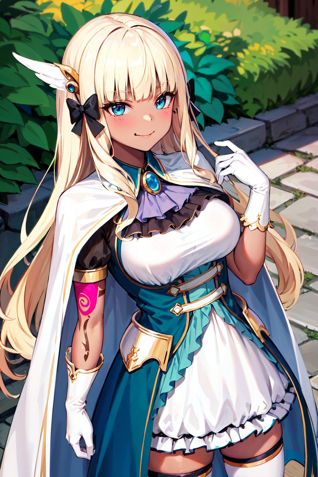 masterpiece, best quality, highres, aasaren, long hair, blonde hair, hair bow, black bow, hair ornament, blunt bangs, pointy ears, large breasts, brooch, white cape, aqua dress, underbust, short sleeves, white gloves, white skirt, frilled skirt, white thighhighs, <lora:saren_v1:0.7>, (dark skin:1.2), smirk, (tattoo:1.3), outdoors