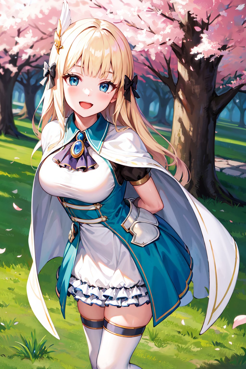masterpiece, best quality, highres, aasaren, long hair, blonde hair, hair bow, black bow, hair ornament, blunt bangs, pointy ears, large breasts, brooch, white cape, aqua dress, underbust, short sleeves, white gloves, white skirt, frilled skirt, white thighhighs, <lora:saren_v1:0.7>, arms behind back, smile, open mouth, leaning forward, standing, outdoors, cherry blossoms,