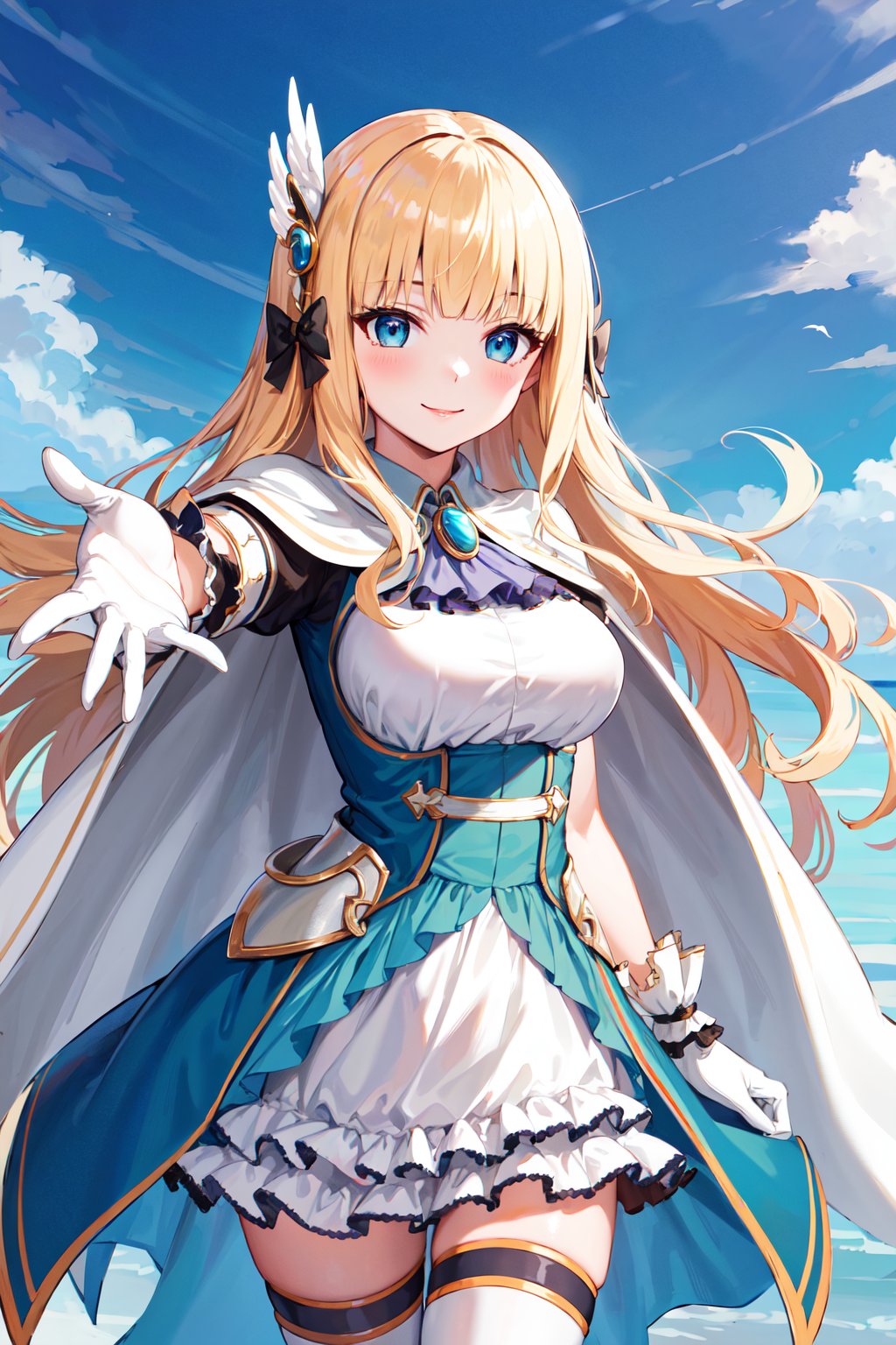 masterpiece, best quality, highres, aasaren, long hair, blonde hair, hair bow, black bow, hair ornament, blunt bangs, pointy ears, large breasts, brooch, white cape, aqua dress, underbust, short sleeves, white gloves, white skirt, frilled skirt, white thighhighs, <lora:saren_v1:0.7>, reaching out, smile, outdoors