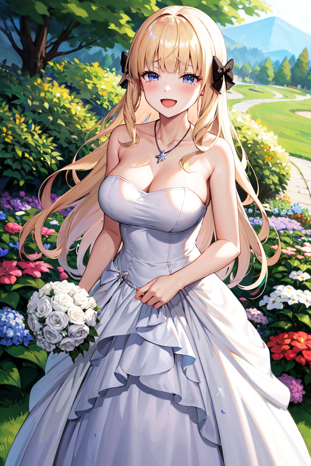 masterpiece, best quality, highres, aasaren, long hair, blonde hair, hair bow, black bow, blunt bangs, pointy ears, large breasts, <lora:saren_v1:0.7>, wedding dress, white dress, strapless, collarbone, necklace, garden, holding bouquet, smile, tears, open mouth, confetti, standing