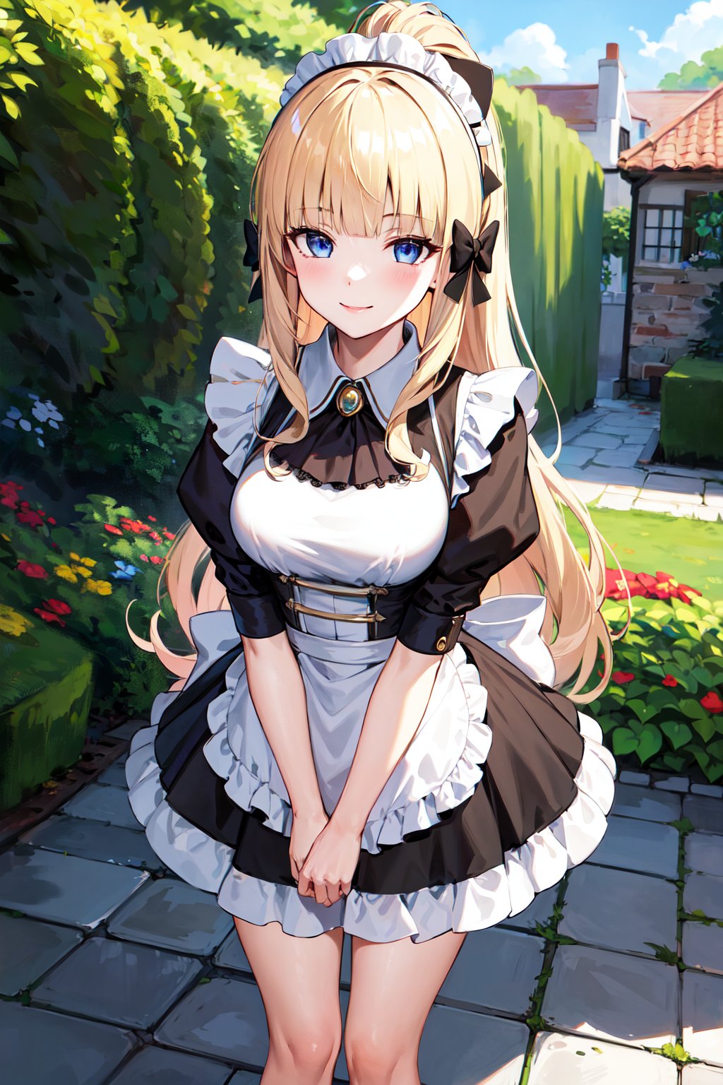masterpiece, best quality, highres, bbsaren, long hair, blonde hair, ponytail, hair bow, black bow, blunt bangs, pointy ears, large breasts, <lora:saren_v1:0.7>, maid headdress, maid, garden, standing, smile, v arms, hand between legs, 