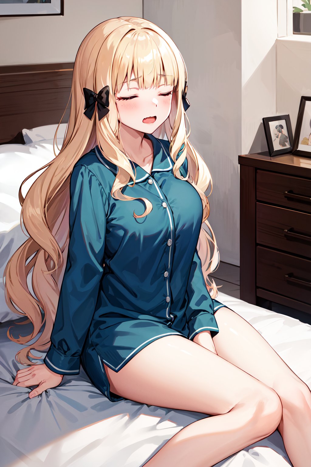 masterpiece, best quality, highres, aasaren, long hair, blonde hair, hair bow, black bow, blunt bangs, pointy ears, large breasts, <lora:saren_v1:0.7>, closed eyes, sitting, bed, room, wavy mouth, open mouth, pajama, pillow, bare legs, 