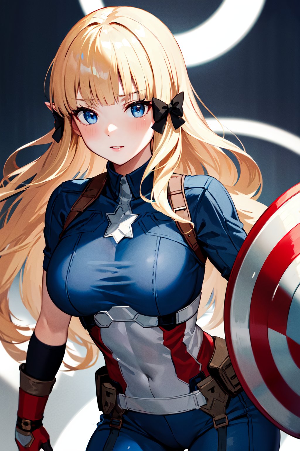 masterpiece, best quality, highres, aasaren, long hair, blonde hair, hair bow, black bow, blunt bangs, pointy ears, large breasts, <lora:saren_v1:0.7>, captain america, blue bodysuit, shield, 