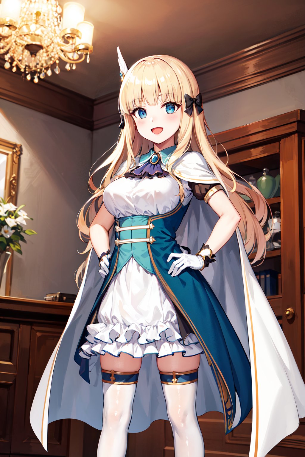 masterpiece, best quality, highres, aasaren, long hair, blonde hair, hair bow, black bow, hair ornament, blunt bangs, pointy ears, large breasts, brooch, white cape, aqua dress, underbust, short sleeves, white gloves, white skirt, frilled skirt, white thighhighs, <lora:saren_v1:0.7>, smile, open mouth, hand on hip, standing, indoors, chandelier,