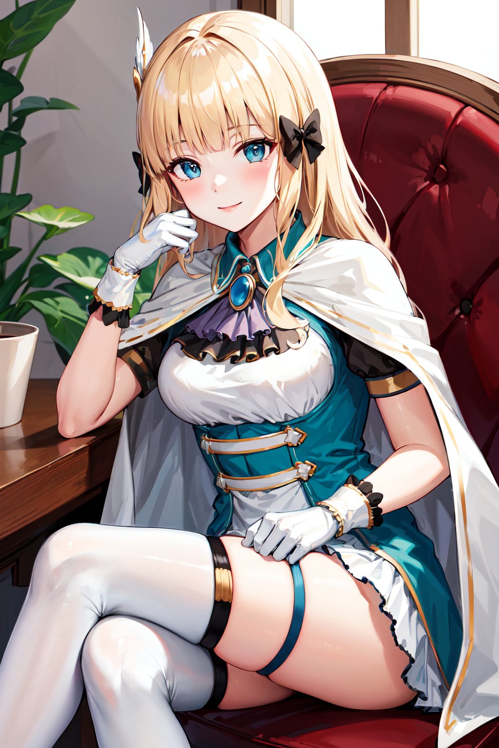 masterpiece, best quality, highres, aasaren, long hair, blonde hair, hair bow, black bow, hair ornament, blunt bangs, pointy ears, large breasts, brooch, white cape, aqua dress, underbust, short sleeves, white gloves, white skirt, frilled skirt, white thighhighs, <lora:saren_v1:0.7>, sitting, smile, crossed legs, chair, indoors