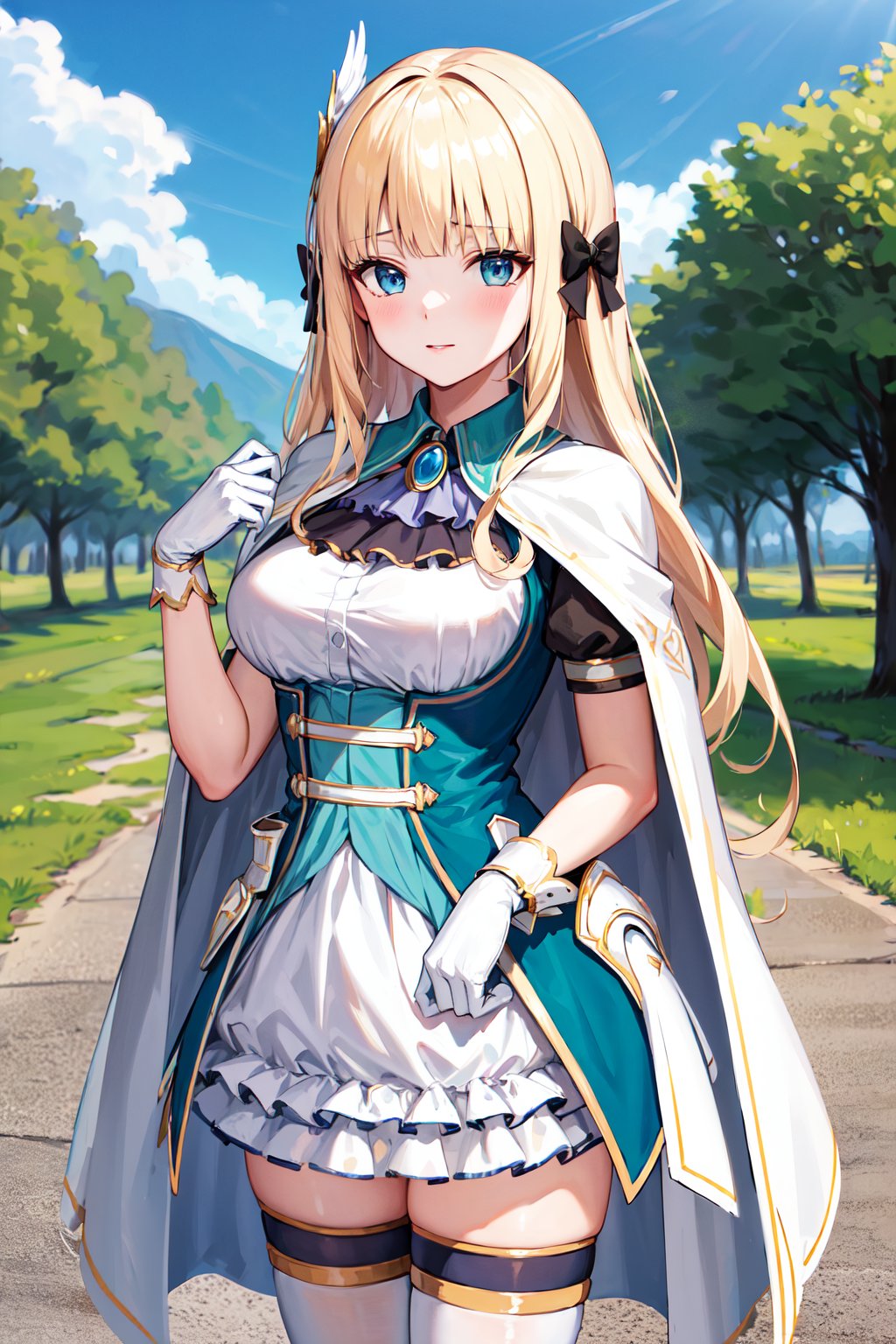 masterpiece, best quality, highres, aasaren, long hair, blonde hair, hair bow, black bow, hair ornament, blunt bangs, pointy ears, large breasts, brooch, white cape, aqua dress, underbust, short sleeves, white gloves, white skirt, frilled skirt, white thighhighs, <lora:saren_v1:0.7>, standing, cowboy shot, outdoors