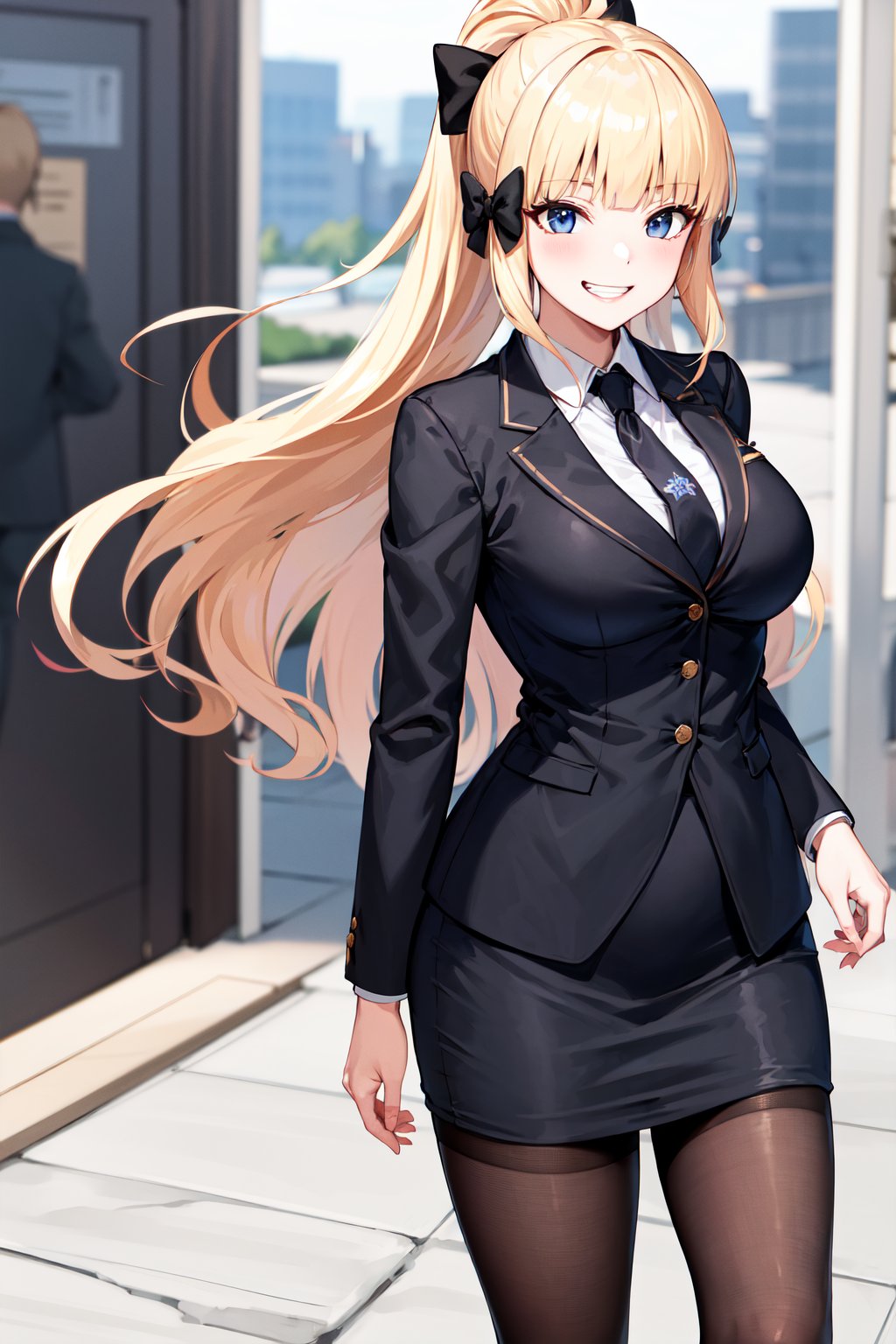 masterpiece, best quality, highres, bbsaren, long hair, blonde hair, ponytail, hair bow, black bow, blunt bangs, pointy ears, large breasts, <lora:saren_v1:0.7>, office lady, black suit, black jacket, black skirt, necktie, black pantyhose, walking, cowboy shot, grin