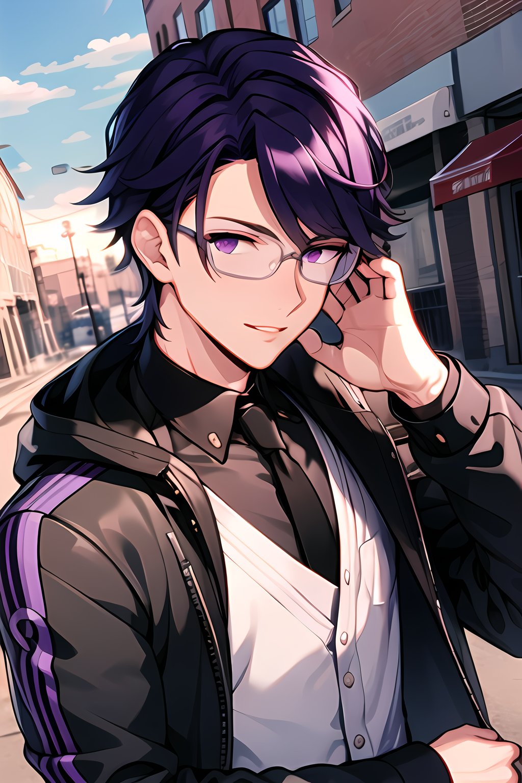masterpiece, best quality, Looking at viewer, 1boy, solo, male, light ray, upper_body,sun,Brad_Beams,Purple hair,Purple eyes, cold,  outdoors, glasses,