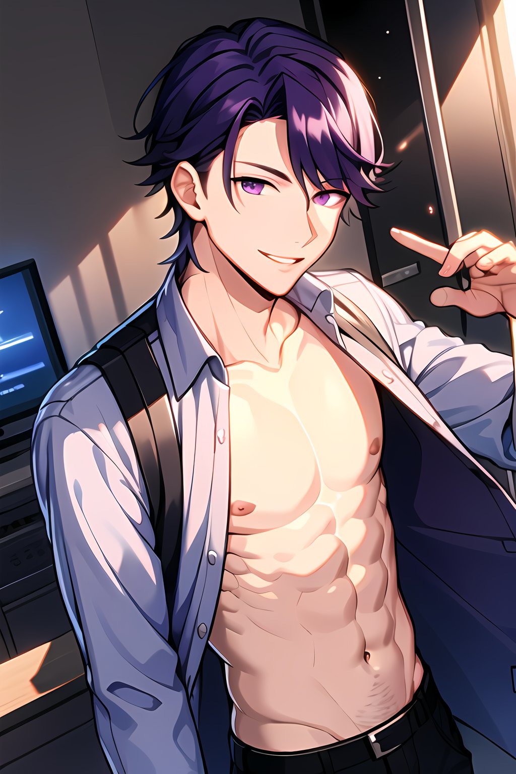 masterpiece, best quality, Looking at viewer, 1boy, solo, male, light ray, upper_body,sun,Brad_Beams,Purple hair,Purple eyes, smile, open shirt, 
