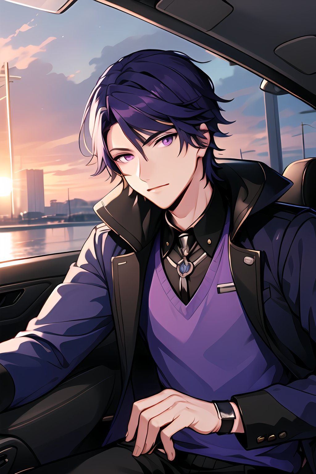 masterpiece, best quality, Looking at viewer, 1boy, solo, male, light ray, upper_body,sun,Brad_Beams,Purple hair,Purple eyes, cold, car, oitdoors,