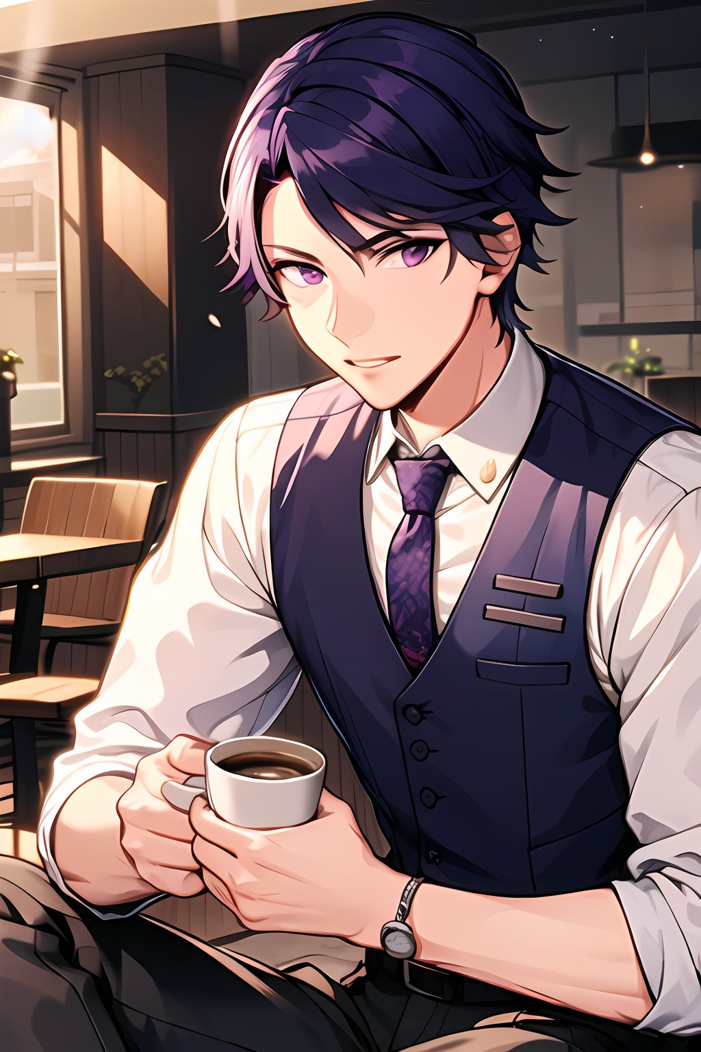 masterpiece, best quality, Looking at viewer, 1boy, solo, male, light ray, upper_body,sun,Brad_Beams,Purple hair,Purple eyes, cold, indoors,holding coffee, sitting,