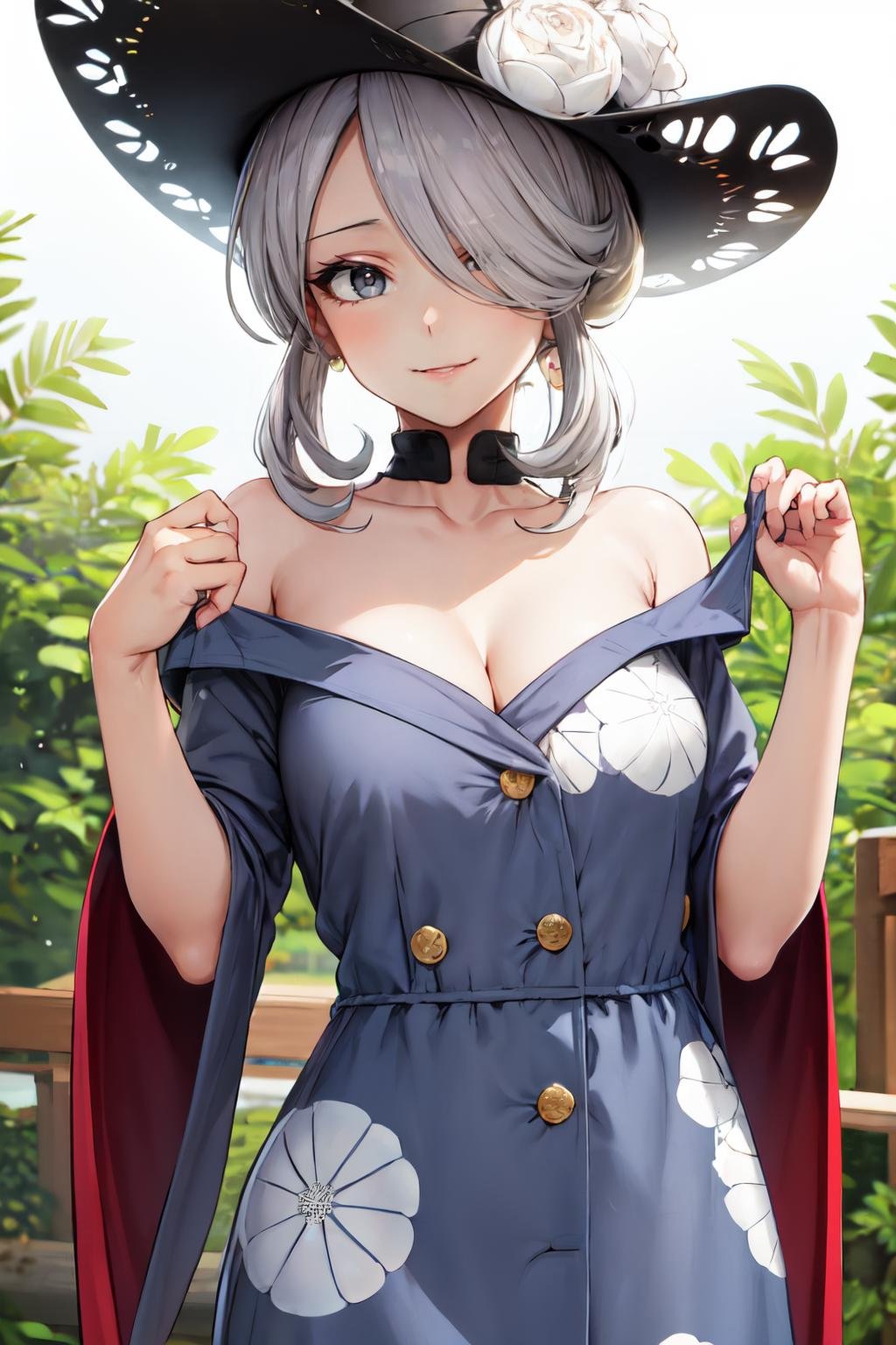 cogita,  hat flower, closed mouth,black hat,1girl, solo, collarbone,looking at viewer ,grey hair,grey eyes, Button-front midi dress with a retro print,smile, parted lips<lora:cogita_pokemon:1> 