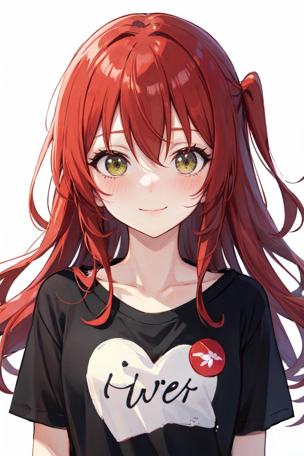 kita ikuyo, solo, black shirt, smile, closed mouth, white background, upper body, simple background, 1girl, looking at viewer, shirt, blush, clothes writing <lora:kita_ikuyo:1> 