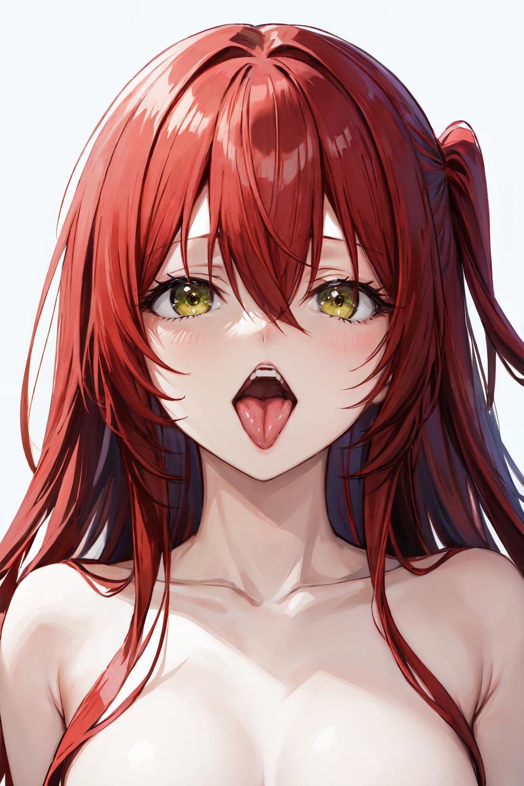 kita ikuyo, nude, open mouth, solo, portrait, white background, teeth, simple background, 1girl, looking at viewer, collarbone, tongue out, bare shoulders, tongue, hair between eyes<lora:kita_ikuyo:1> 