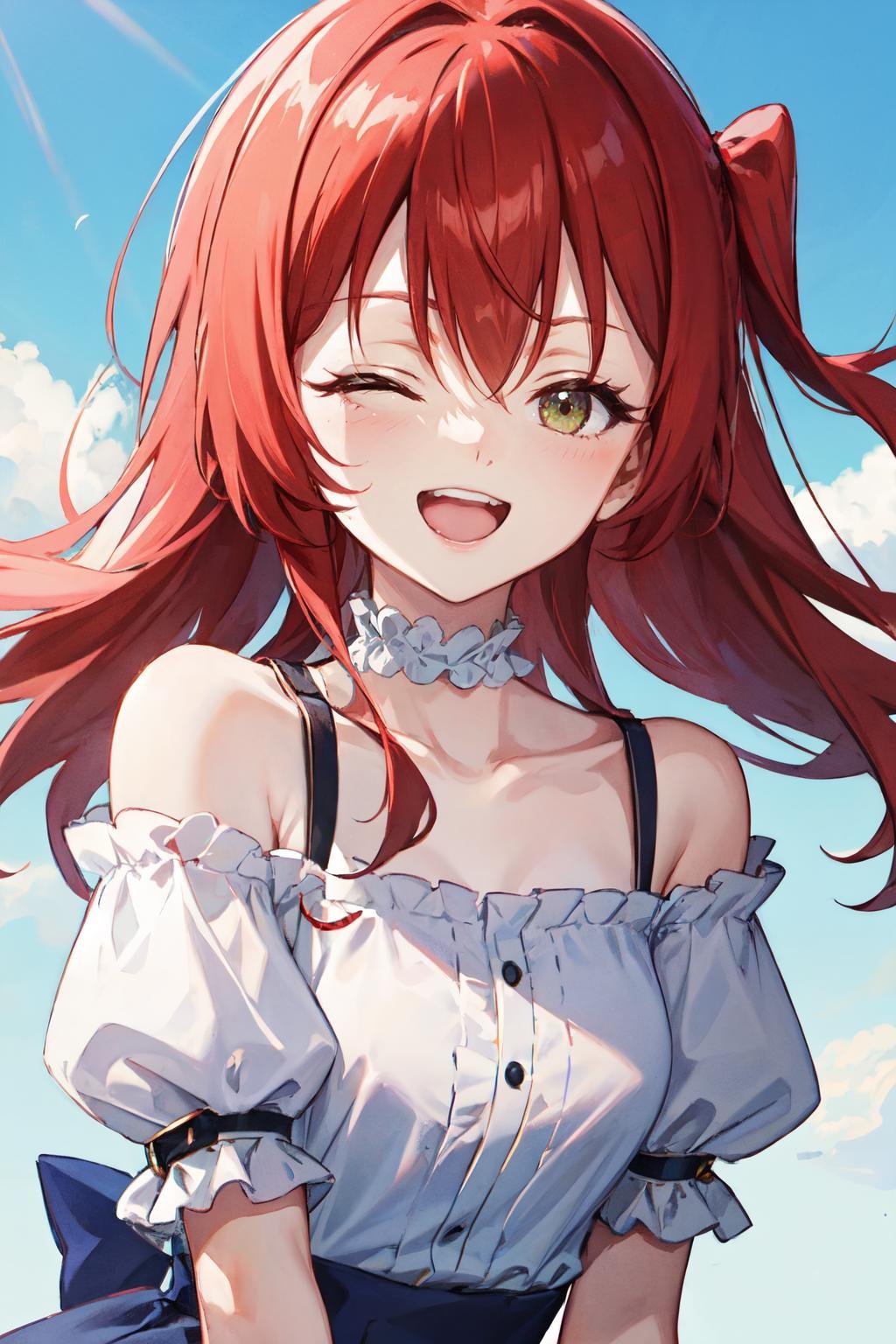 kita ikuyo, open mouth, short sleeves, smile, off-shoulder shirt, collarbone, looking at viewer, off shoulder, puffy short sleeves, solo, ;d, bare shoulders, one eye closed, black choker, puffy sleeves, upper body, 1girl, shirt, choker <lora:kita_ikuyo:1> 