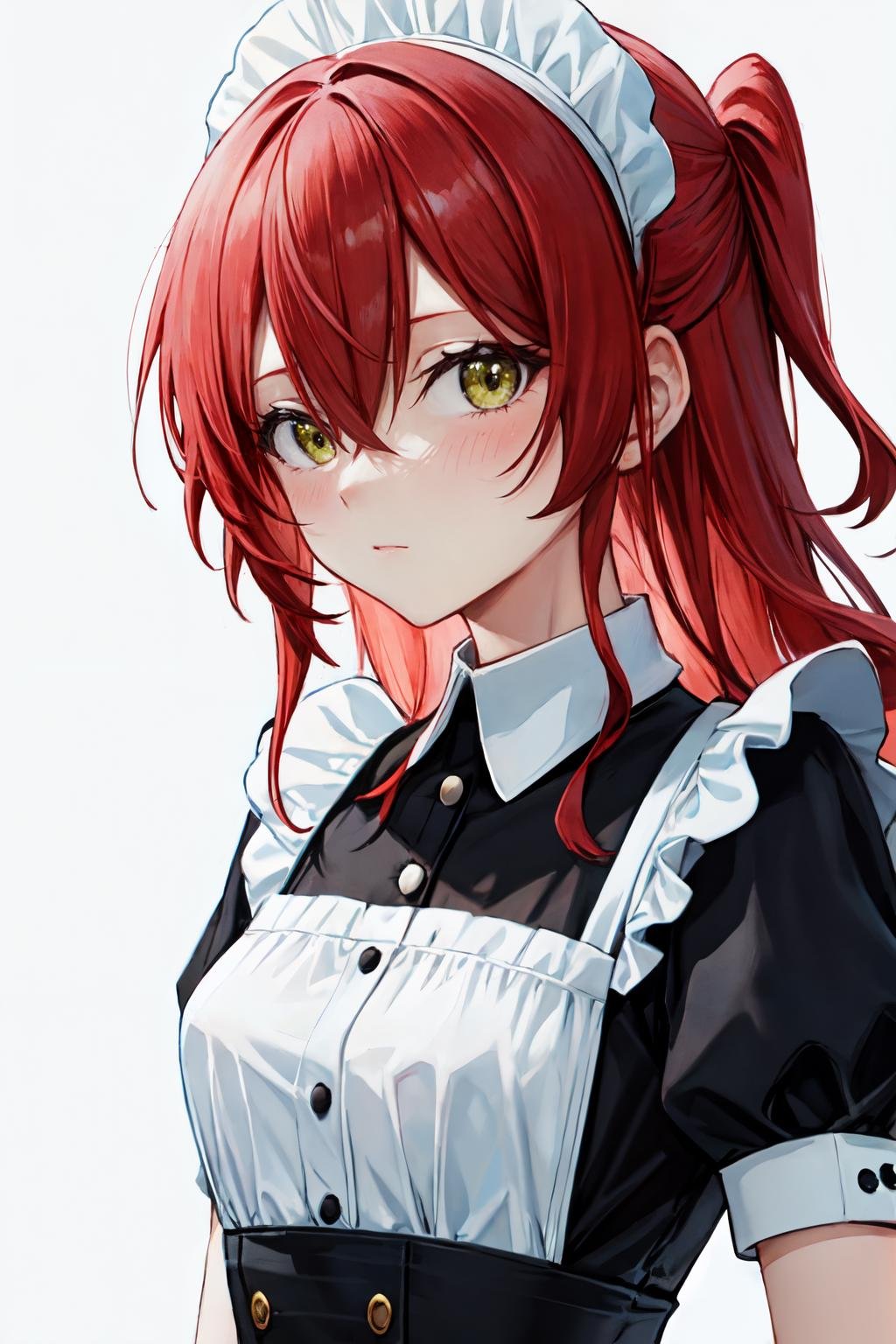 kita ikuyo, dress, short sleeves, looking at viewer,  puffy short sleeves, solo, maid headdress, blush, maid apron, simple background, white apron, maid, black dress, puffy sleeves, white background, upper body, 1girl, hair between eyes <lora:kita_ikuyo:1> 