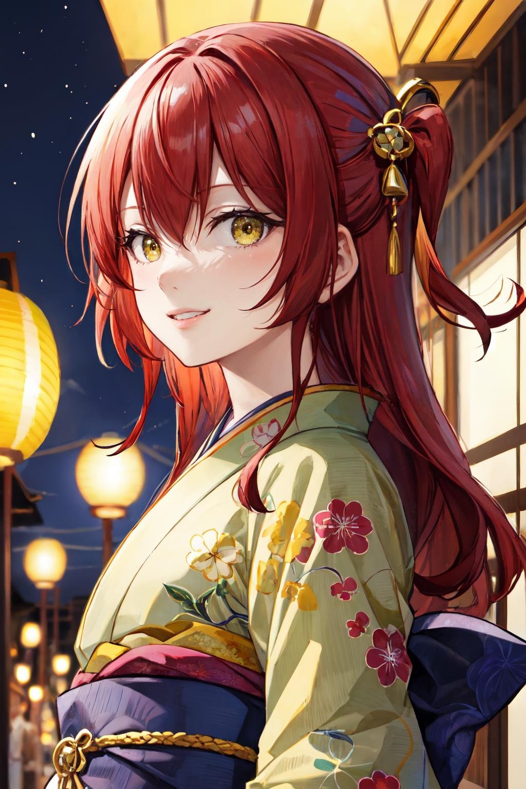 kita ikuyo, 1girl, kimono, japanese clothes, upper body, red hair, yellow eyes, lantern, night, river, looking at viewer, arms behind back, hair ornament, floral print, long hair, one side up,smile, parted lips <lora:kita_ikuyo:1> 