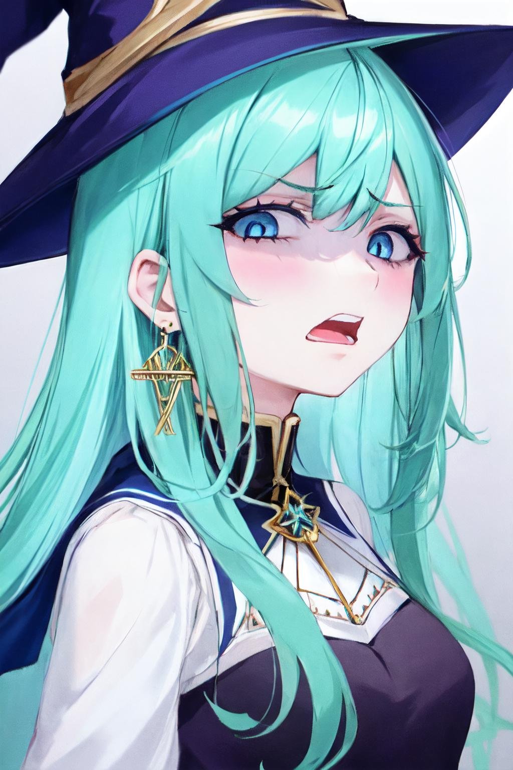 disgusted face, 1girl, solo, blue hair, blue eyes, witch hat, open mouth, earrings, long hair, looking at viewer,  blush, upper body, portrait, <lora:disgusted:1>