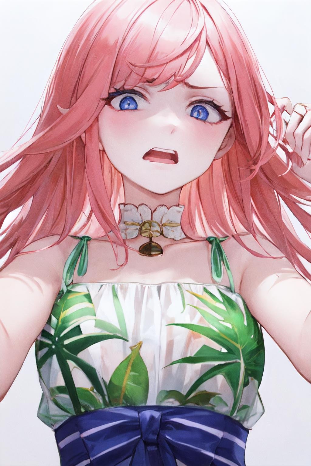 disgusted face, 1girl, solo, portrait, upper body,looking at viewer,looking down, open mouth,  breezy and effortless maxi dress with an empire waist and a tropical print, <lora:disgusted:1>