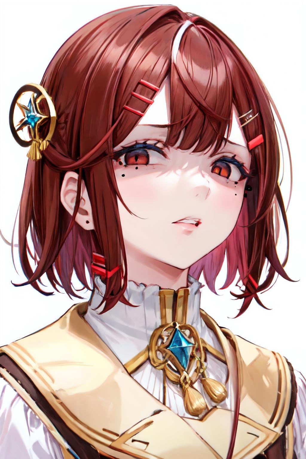 disgusted face, 1girl, solo, mole, mole under eye, brown hair, hair ornament, white background, looking at viewer, hairclip, simple background, short hair, portrait, parted lips, bangs <lora:disgusted:1>