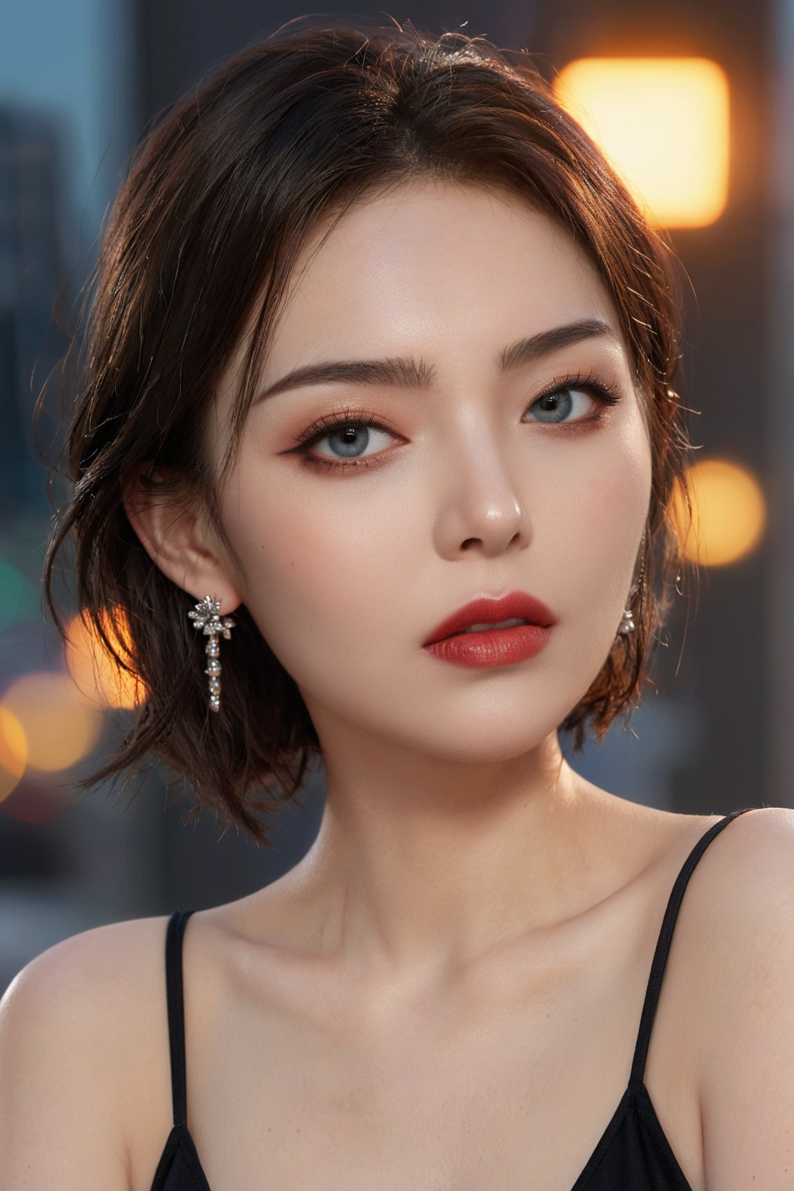 (best quality,4k,8k,highres,masterpiece:1.2),ultra-detailed,(realistic,photorealistic,photo-realistic:1.37),portraits,short hair, intense gaze, beautiful detailed eyes and lips, porcelain skin, elegant posture, high fashion dress, stiletto heels, urban setting, vibrant city lights, neon signs, exciting nightlife, confident expression, attractive curves, mesmerizing makeup, dark background, alluring atmosphere, fashionable accessories, stylish earrings, glossy lips, sultry atmosphere, radiant complexion, seductive charm, sleek and modern, urban chic, fashionable hairstyle, sophisticated makeup, expressive eyes, captivating appearance, glamorous and confident.