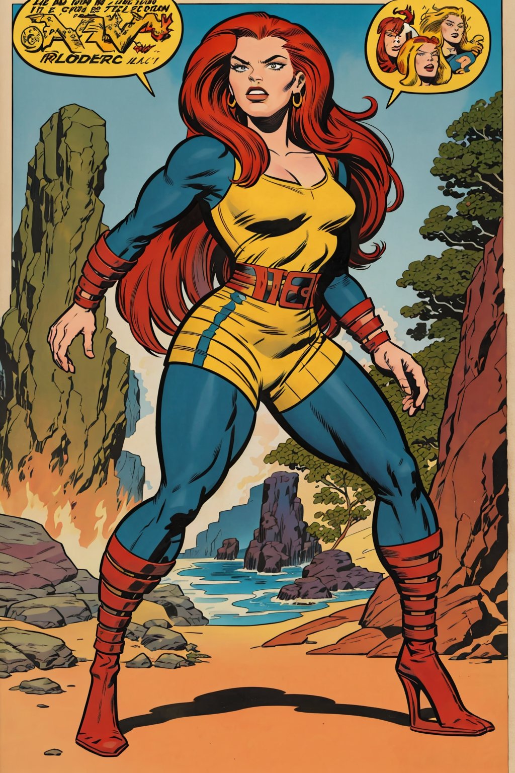 Full body,1girl, long red hair, very sexy, prehistoric, cartoon,cartoon,Jack Kirby,comic book