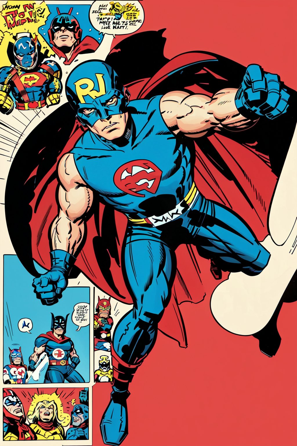 Full body, 1 superhero, masked, helmet, blue and white superhero costume,cartoon,Jack Kirby,comic book