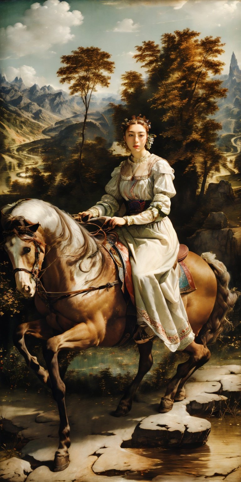  masterpiece, best quality, highres, highly detailed, Tindall effect,A girl leading a (big) horse, with long legs, eight headed body, a majestic white horse, green grasslands, dancing dandelions, winding rivers, majestic mountains, dense forests, bright sunshine, soft breeze, and a white long skirt, sssr, xiaoyemao, powerarmor,mj,Renaissance