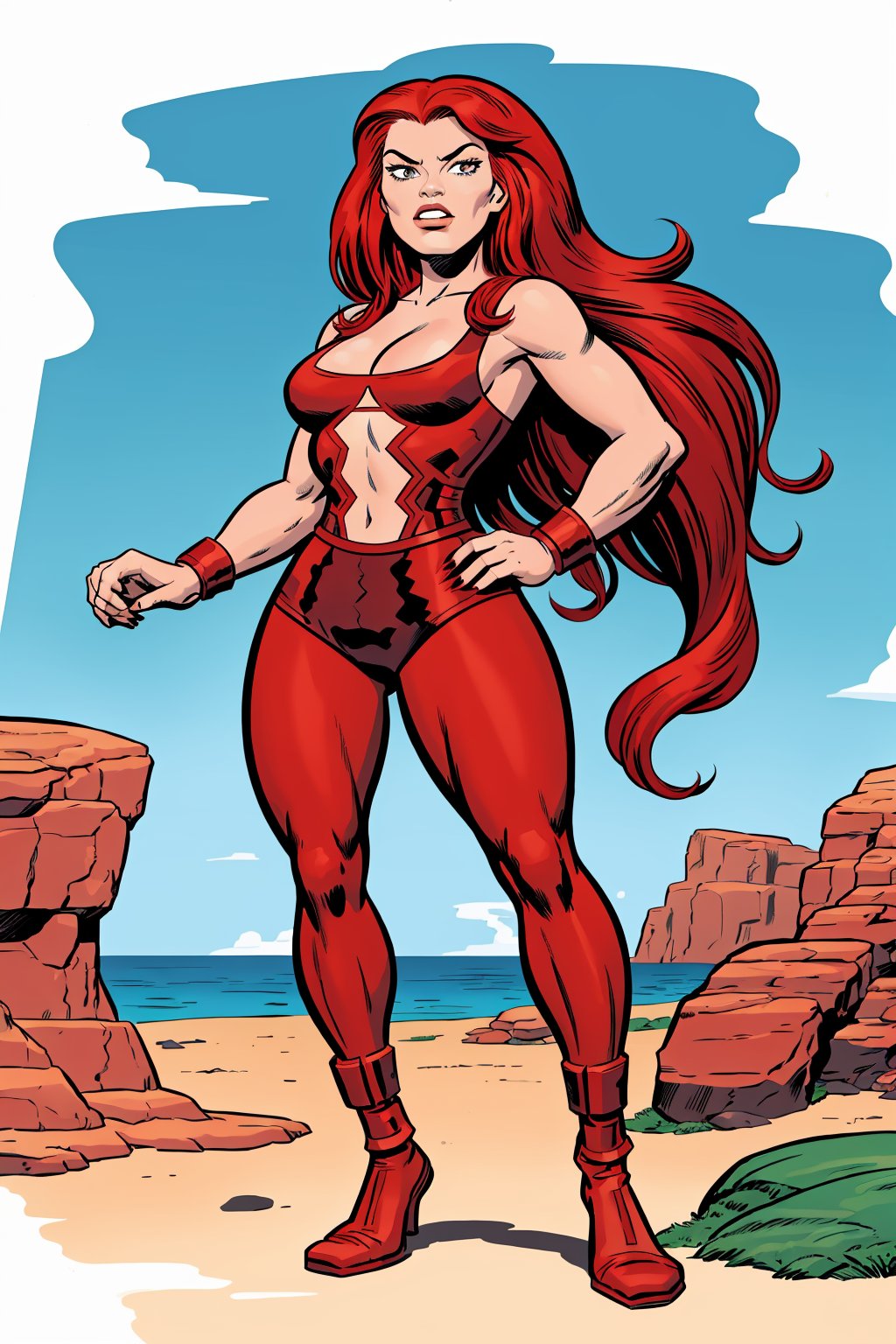 Full body,1girl, long red hair, very sexy, prehistoric, cartoon,cartoon,Jack Kirby