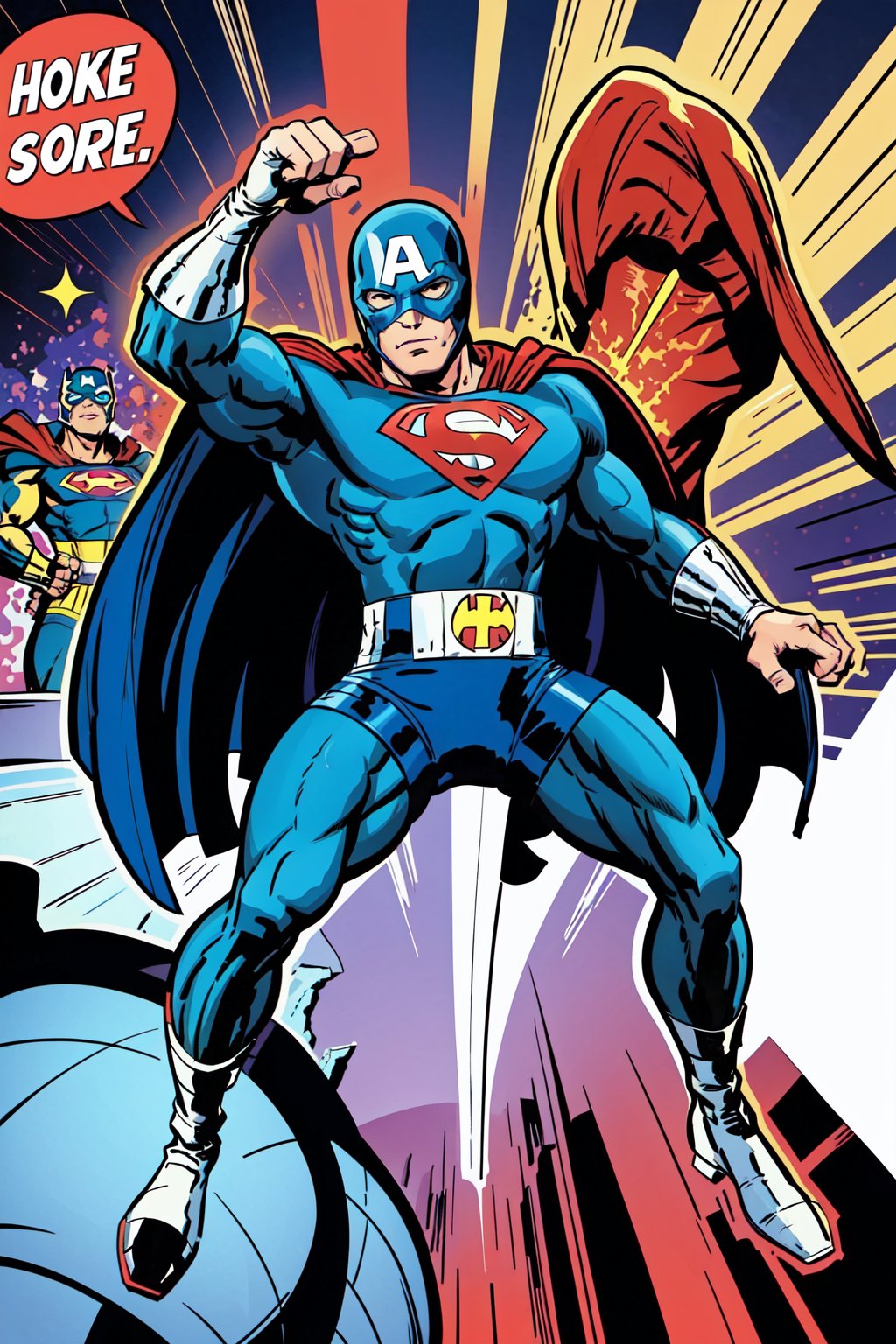 Full body, 1 superhero, masked, helmet, blue and white superhero costume,cartoon,Jack Kirby