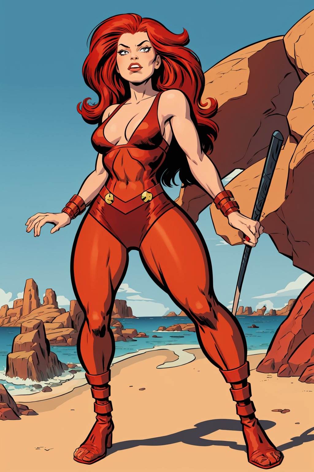 Full body,1girl, long red hair, very sexy, prehistoric, cartoon,cartoon,Jack Kirby