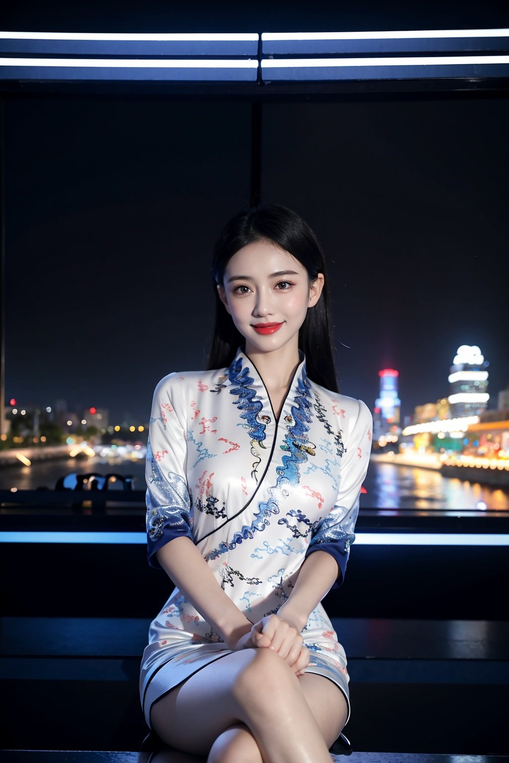 1girl,smile,sitting,upper body,china dress\(haihang\),long hair,<lora:踏山听海【空姐suit】:0.8>,Futuristic Cityscape with Holographic Displays,