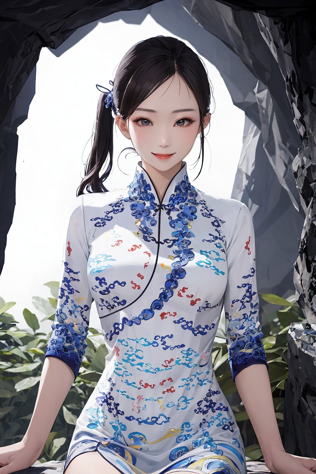 masterpiece,best quality,1girl,smile,sitting,upper body,china dress\(haihang\),long hair,<lora:踏山听海【空姐suit】:0.9>,Hidden Cave with Crystal Geodes,